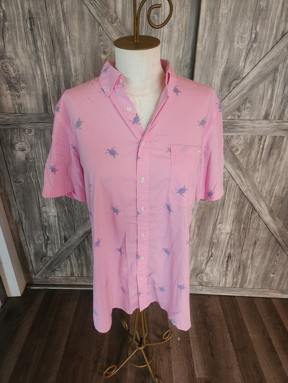 croft & barrow Pink Short-Sleeve Button-Down with Blue Turtle Print